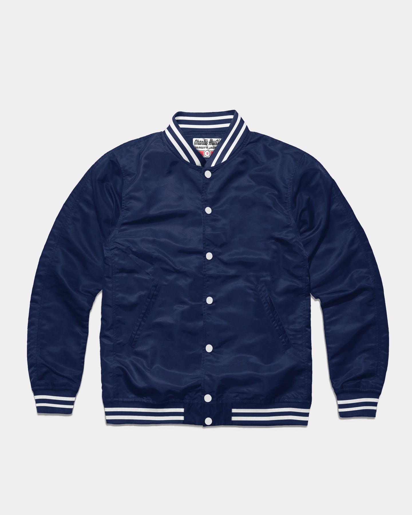 Essentials Collection Navy Letterman Jacket | CHARLIE HUSTLE
