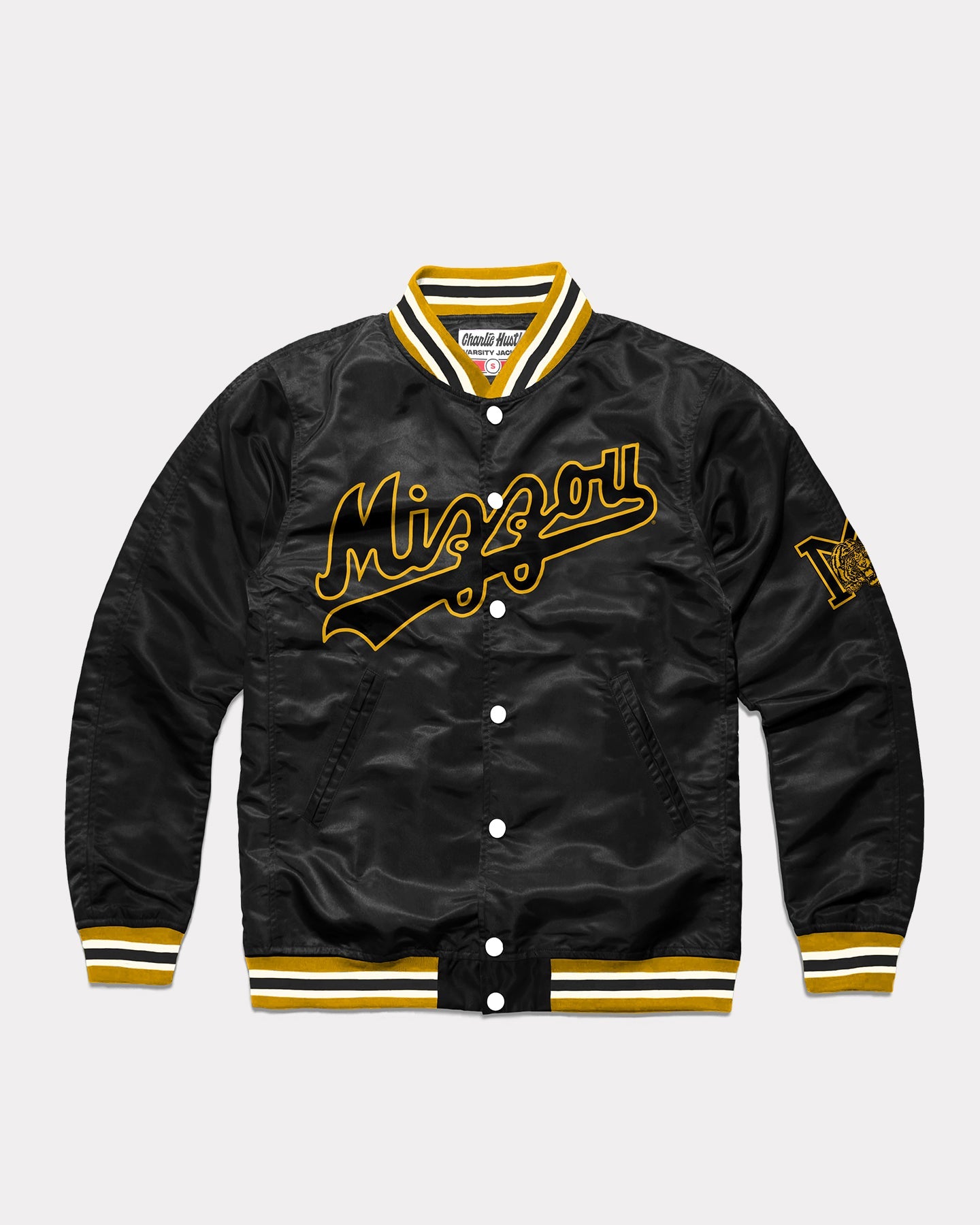 Mizzou Tigers Script Black Vintage Letterman Jacket CHARLIE HUSTLE