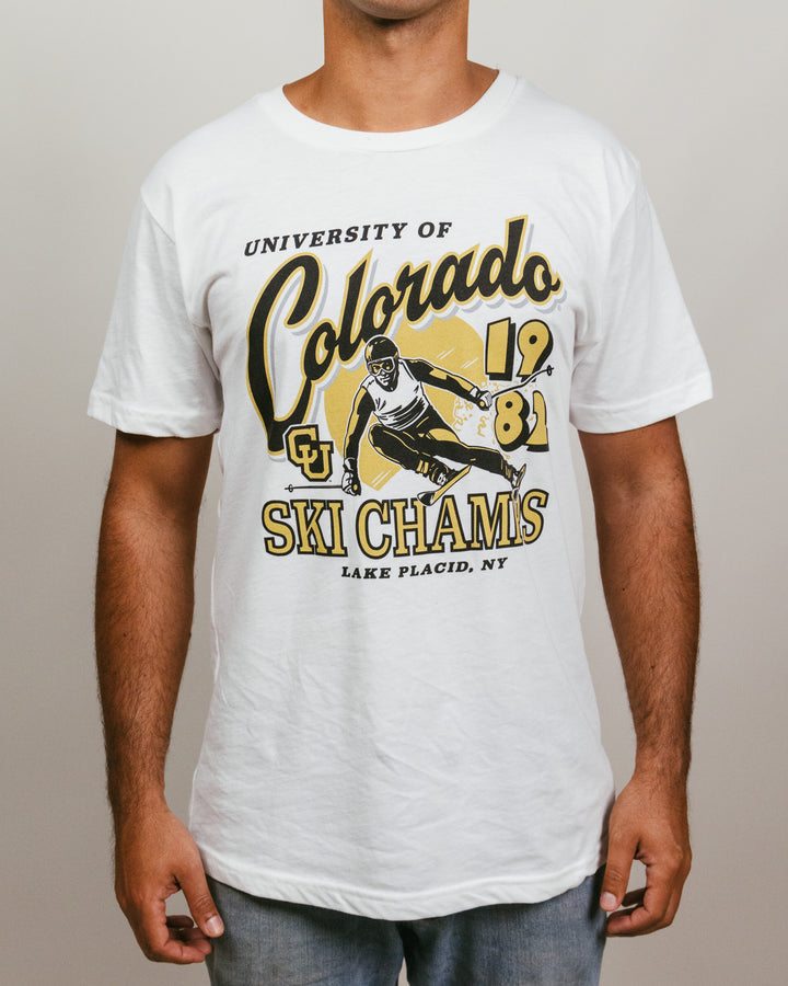Colorado Buffaloes Ski Champs Vintage White T-Shirt | CHARLIE HUSTLE