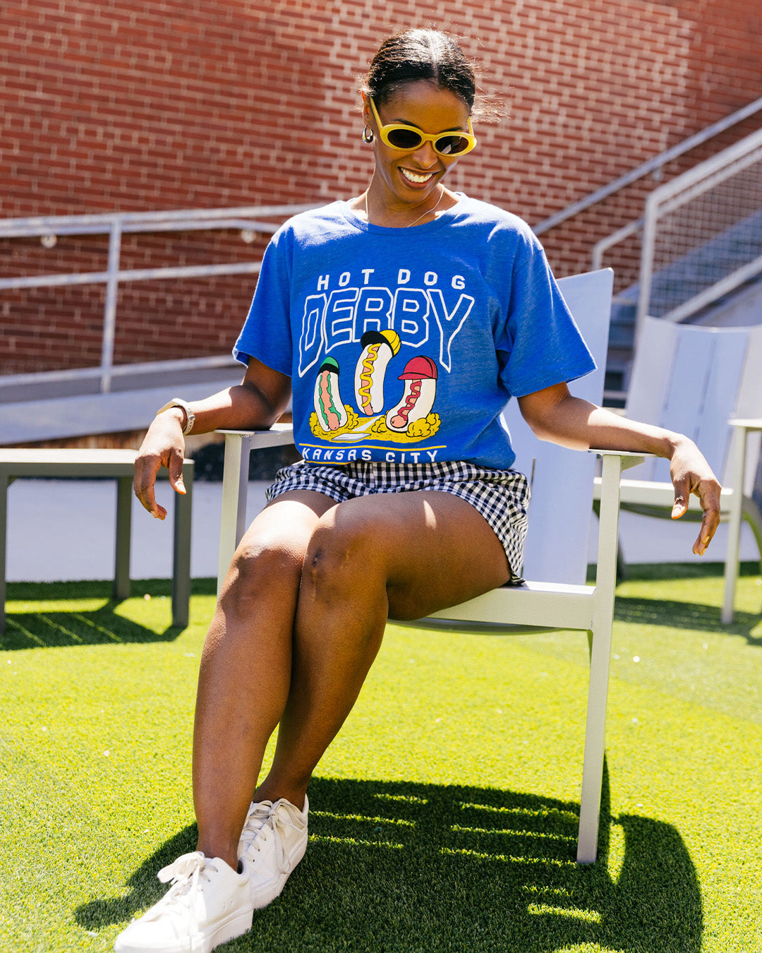 【ブルー（44）】Varsity Paneled Relaxed SS Tee Hot Dog Derby Vintage Heather Royal Blue T-Shirt | CHARLIE HUSTLE