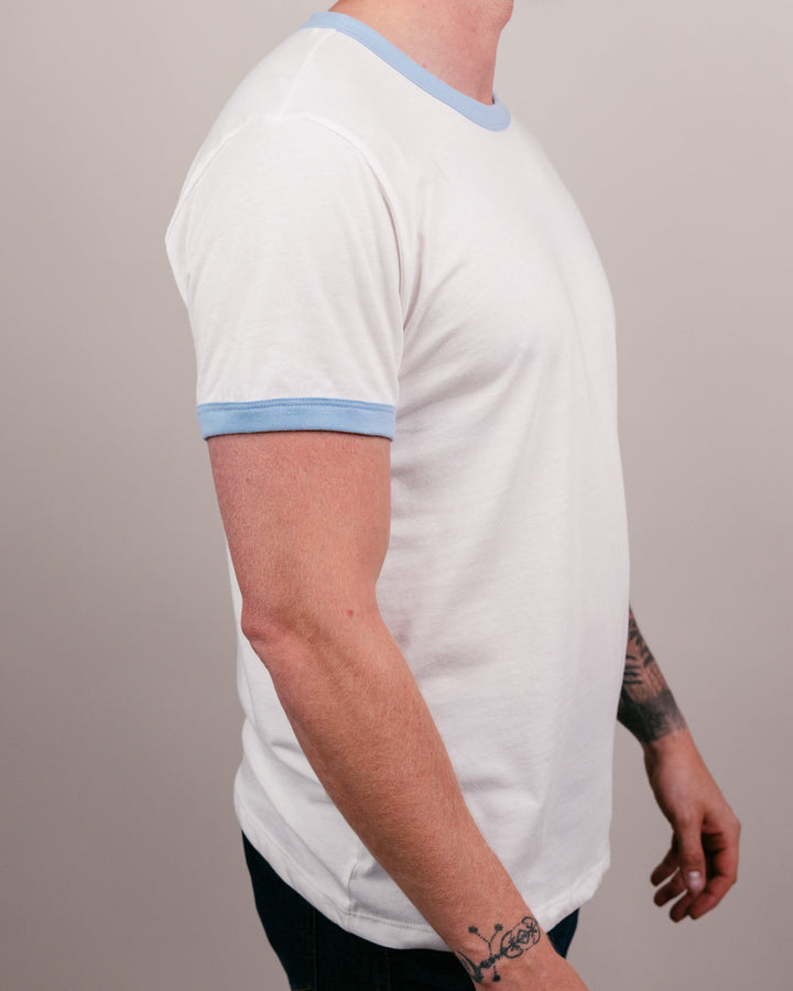 Essential White & Powder Blue Unisex Ringer | CHARLIE HUSTLE