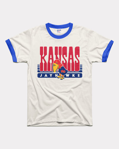 White & Royal Blue Kansas Jayhawk 70s Vintage Unisex Ringer T-Shirt