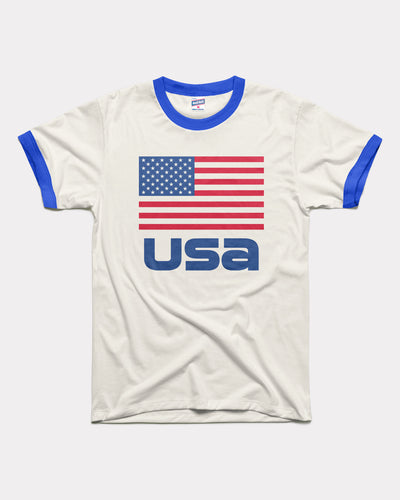 White & Royal Blue USA Stacked Vintage Unisex Ringer T-Shirt