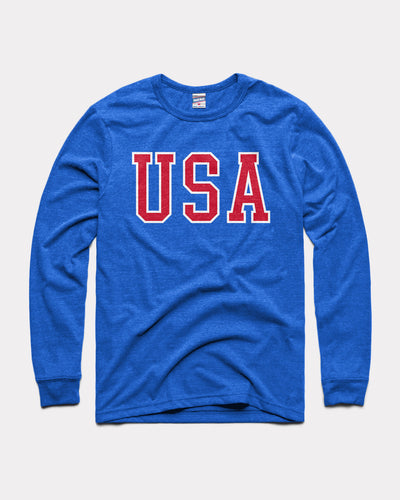 Royal Blue USA Block Letters Vintage Long Sleeve T-Shirt