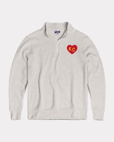 Ash Grey, Red & Gold Embroidered KC Heart Vintage Quarter Zip