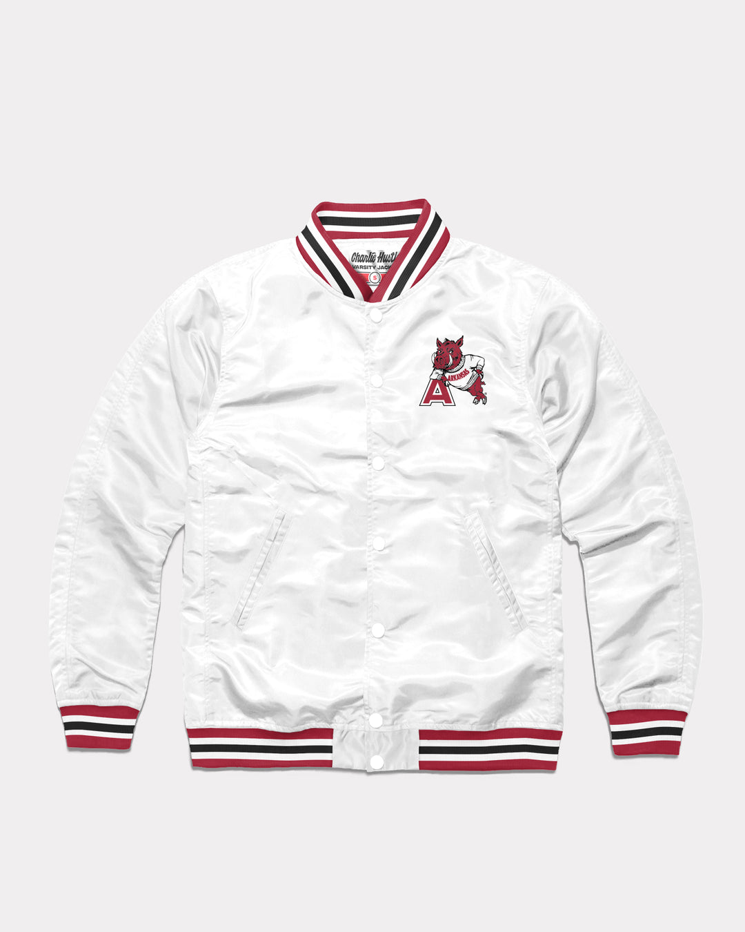 Arkansas Leaning Hog White Letterman Jacket | CHARLIE HUSTLE