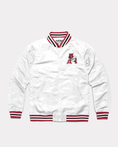 White Arkansas Razorbacks Leaning Hog Vintage Varsity Jacket Front