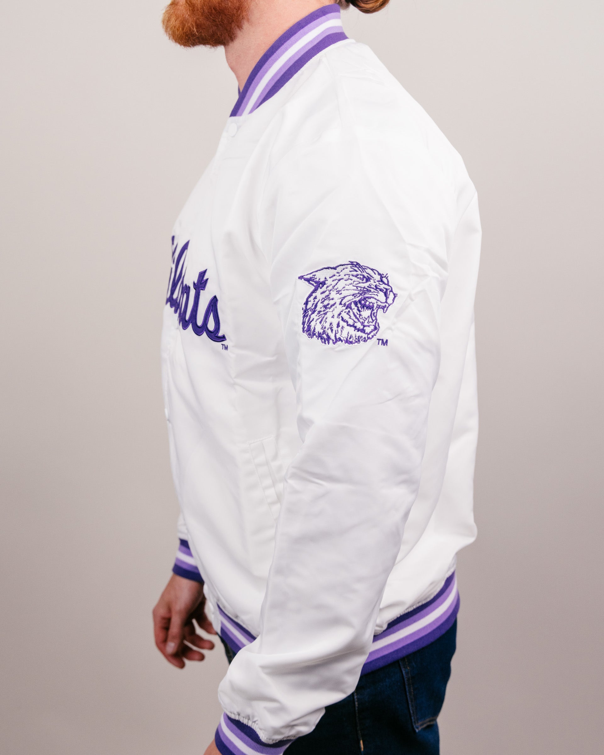 K-State Wildcats Script White Vintage Letterman Jacket | CHARLIE