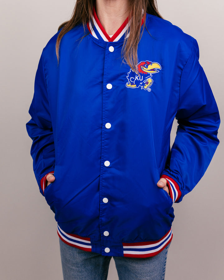 Rock Chalk Jayhawk KU Royal Blue Letterman Jacket | CHARLIE HUSTLE