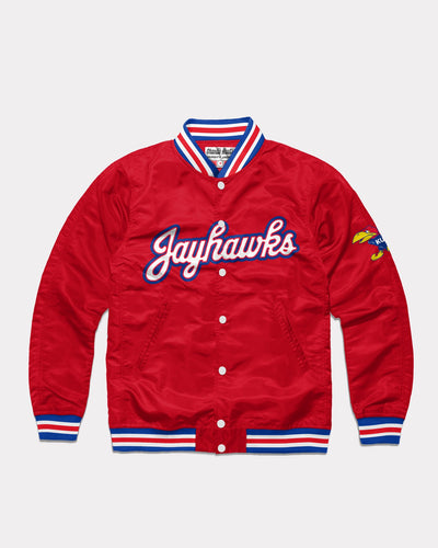 Red Kansas Jayhawks Script Vintage Varsity Jacket Front