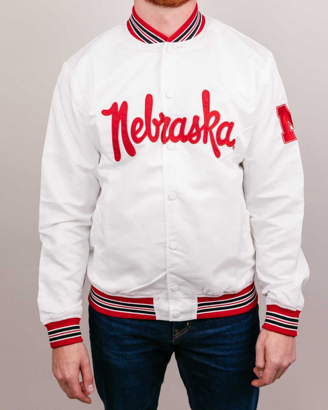 Nebraska Script Vintage White Letterman Jacket | CHARLIE HUSTLE