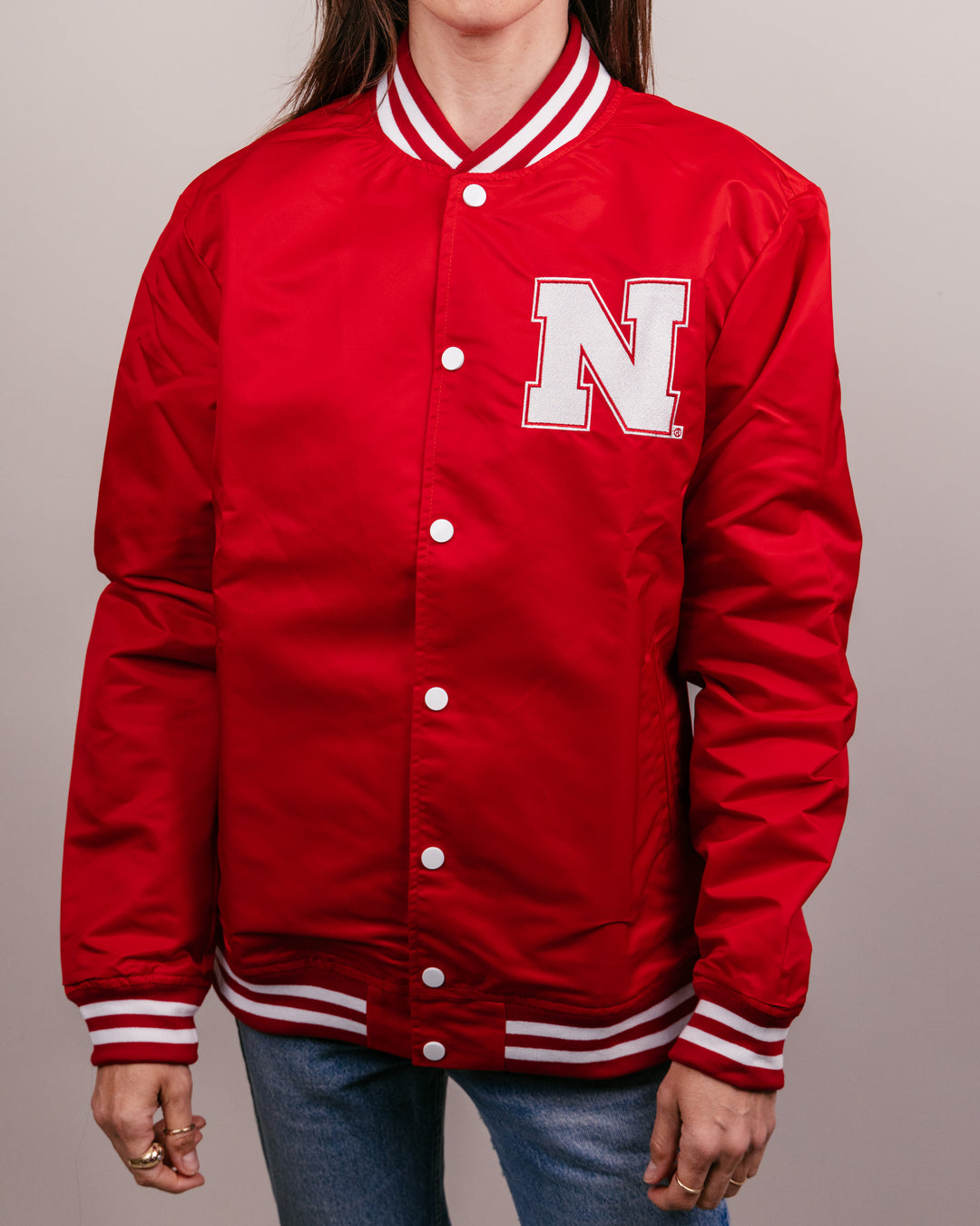 Nebraska Cornhuskers Red Vintage Letterman Jacket | CHARLIE HUSTLE