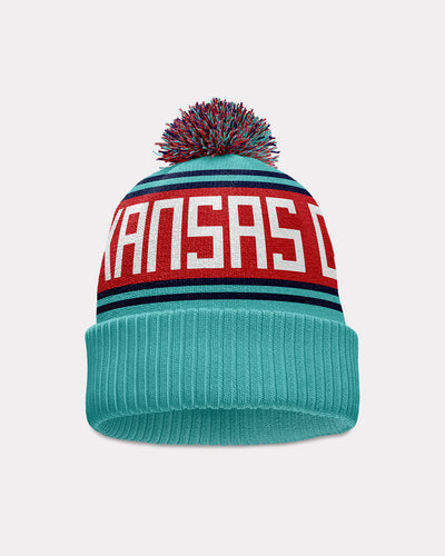 Teal and Red Kansas City Spirit Pom Beanie