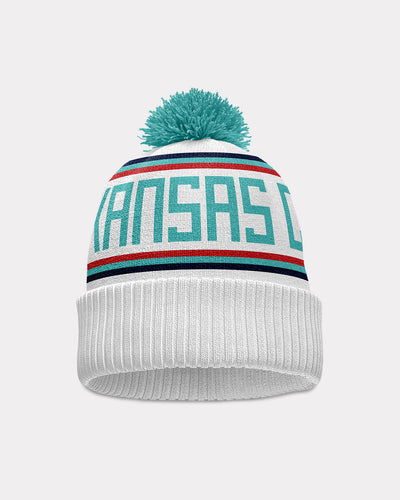 White and Teal Kansas City Spirit Pom Beanie