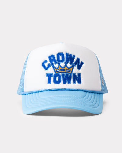 White & Powder Blue Crown Town Trucker Hat Front