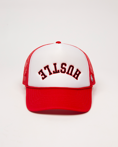 Hustle White & Red Trucker Hat Front