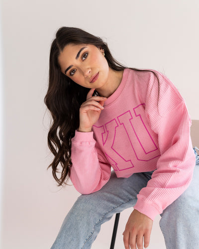 Women's Block KU Pink Corded Crew