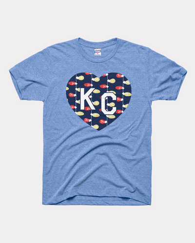 Plaza Lights 2025 KC Heart Lightbulb Vintage Blue T-Shirt Front
