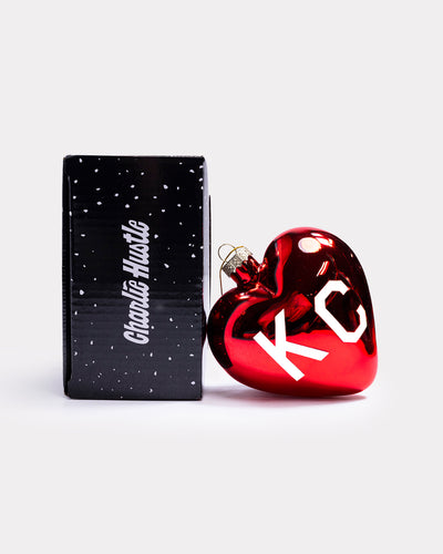 Red & White KC Heart Glass Holiday Ornament