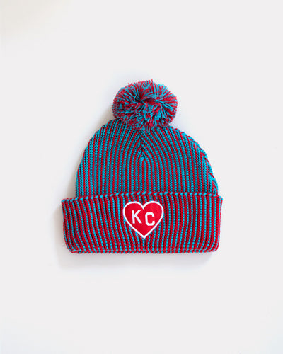 Red KC Heart Chunky Knit Two Tone Pom Beanie