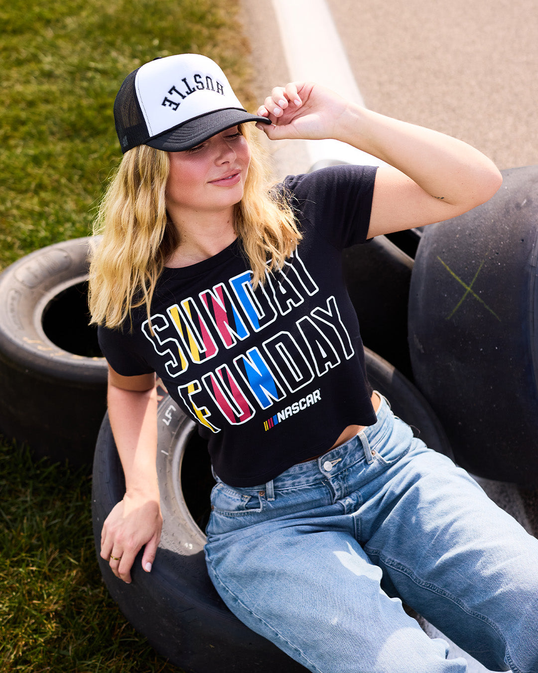 Women's NASCAR Sunday Funday Black Crop Top | CHARLIE HUSTLE