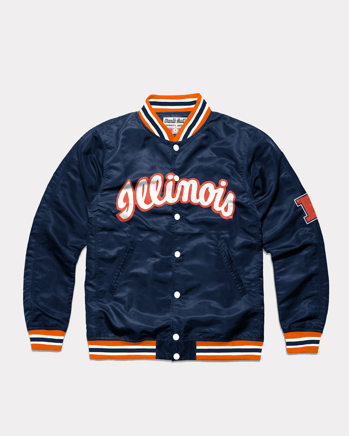 University Illinois Script Navy Blue Letterman Jacket | CHARLIE HUSTLE