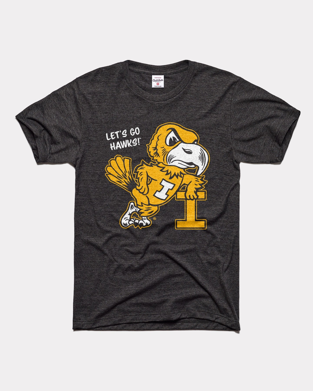 Iowa Hawkeyes Leaning Hawkeye Black Vintage T-Shirt | CHARLIE HUSTLE